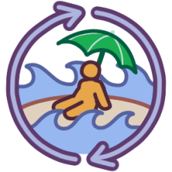 a circular emoji of a figure sitting under a green sun umbrella on a sandy island surrounded by choppy waves. The border is two curved lines with arrows